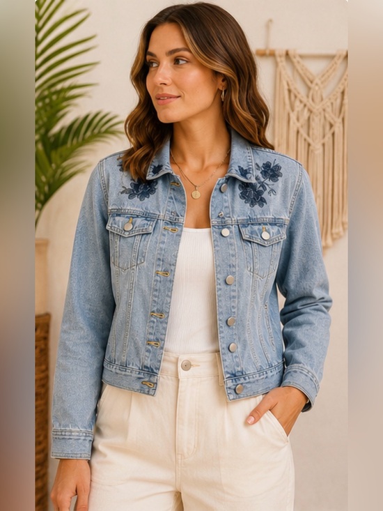 Jade & Ivory Jackets & Blazers - Jade & Ivory Embroidered Denim Jacket Medium Light Wash Floral Boho Jean Jacket